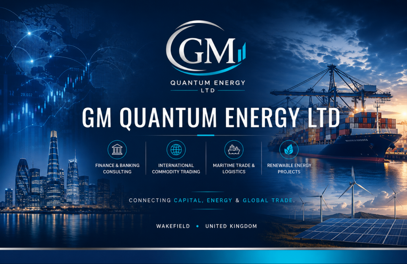 Frachtschiff vor einer Hafenskyline – globaler Handel von GM Quantum Energy Ltd